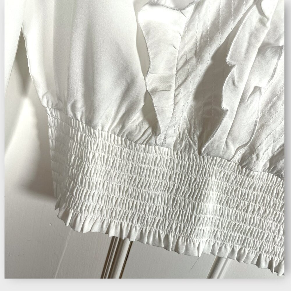 EXPRESS V-Neck Popover Blouse MEDIUM White Ruffles Romantic Parisian Style NEW - Picture 4 of 7
